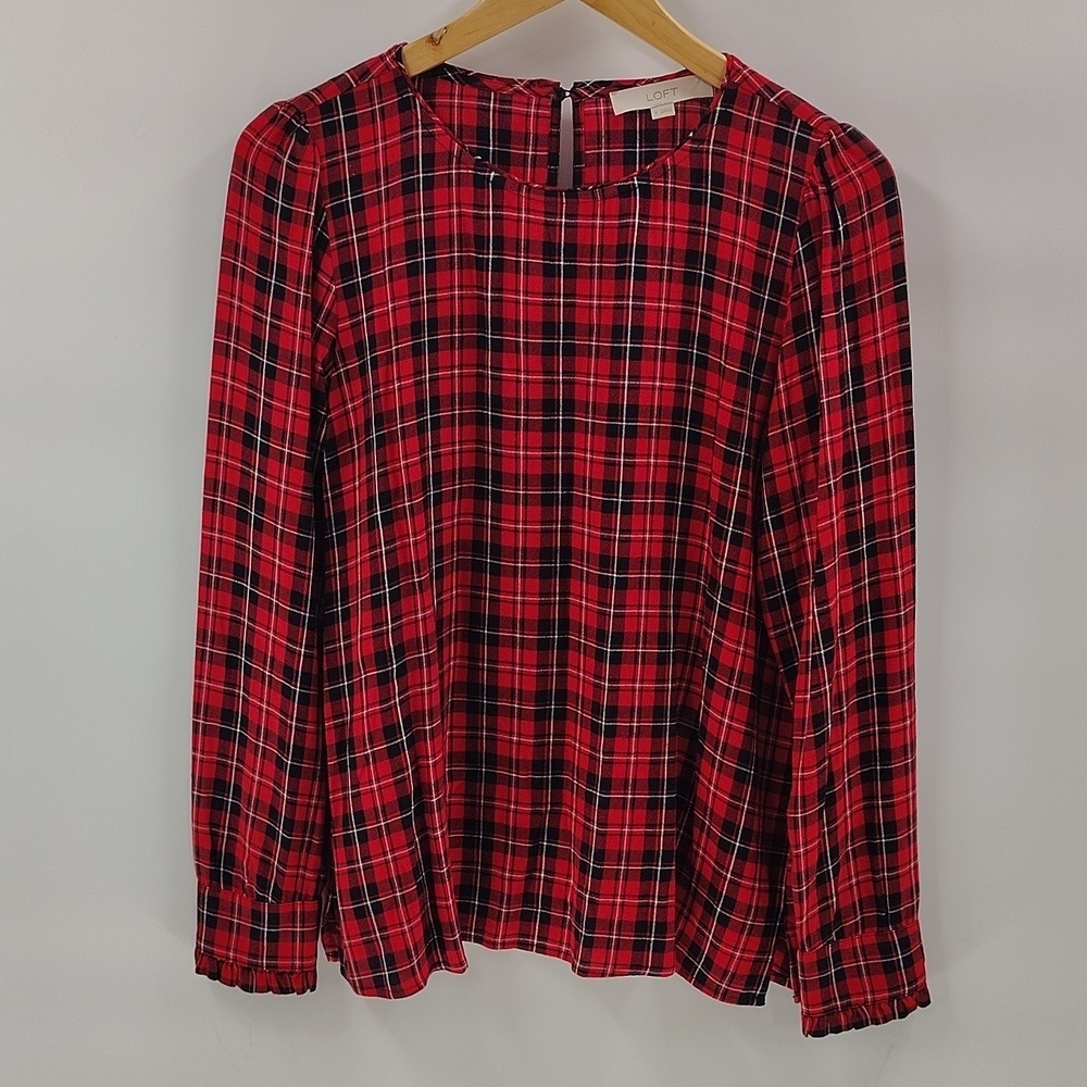 LOFT Red Black Plaid Boat Neck Blouse Size Small Tartan